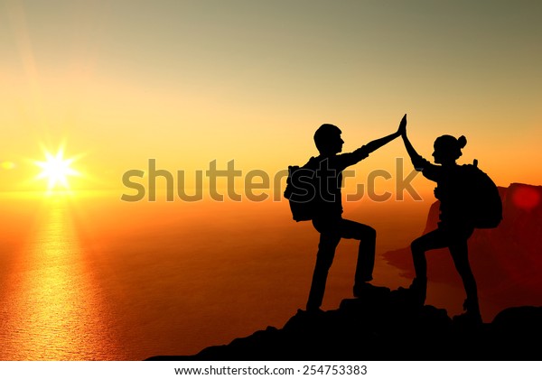 Silhouette Two Man Success Gesture Standing Stock Photo 254753383 ...