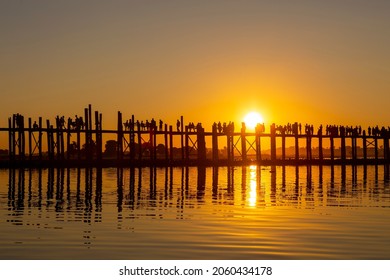 Silhouette of U bein bridge at sunset Amarapura ,Mandalay, Myanmar. - Shutterstock ID 2060434178