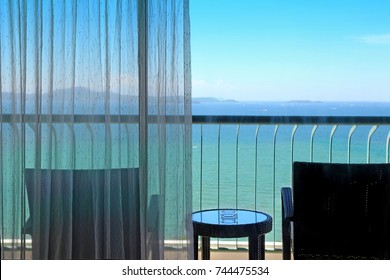 Silhouette View Of Balcony In Luxury Hotel With Sea And Sky Background.