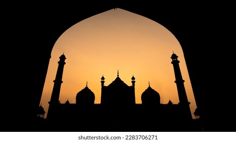 Silhouette view of Jama Masjid, one of the largest Indian mosques, built by mughal, located in New Delhi, India