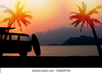 Silhouette Vintage Car In The Beach With A Surfboard On The Roof.