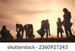 silhouette volunteers collect plastic. group team people collect plastic bottles together. environmental protection business concept. volunteers family lifestyle collect plastic clean nature