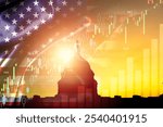 Silhouette of White House with united state of America flag and stock market chart for USA election president related with economy and investment concept.