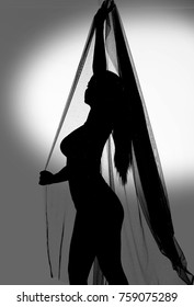 Silhouette of woman bodysuit dancing with transparent fabric in black and white, throwing moving and blur motion to show sexy body in studio - Shutterstock ID 759075289