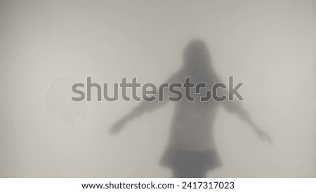 The silhouette of a woman dancing and twirling in the mist behind a frosted glass or curtain. Concept of the afterlife and otherworld, ghosts and spirits.