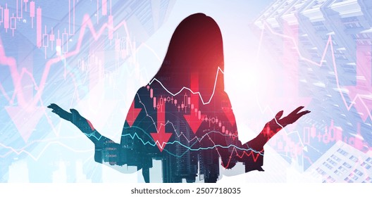 Silhouette of a woman with falling financial charts and graphs superimposed. Abstract graphic style. Cityscape background. Concept of stock market decline - Powered by Shutterstock