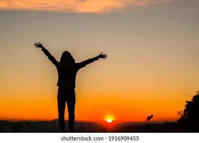 Silhouette Woman Hands Raised Sunset Concept Stock Photo (Edit Now ...