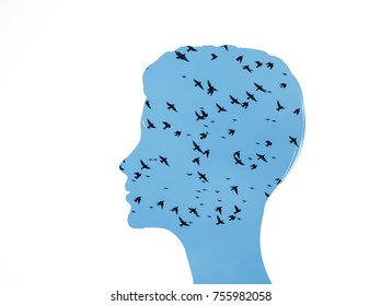 silhouette of woman head  and birds flying  - Shutterstock ID 755982058