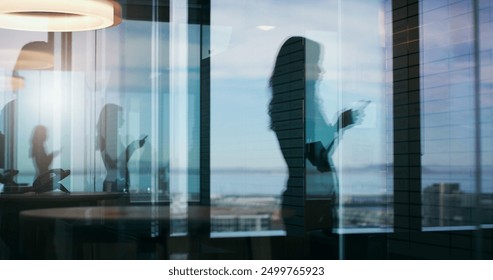 Silhouette, woman and mobile at window for business, contact and appointment arrangement in office. Female consultant, phone and email on balcony for communication, service or scheduling app - Powered by Shutterstock