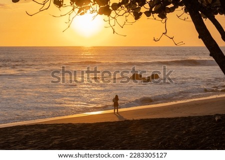 Silhouette of a woman on a deserted beach at sunset. The woman stands at a wild sea with high waves as the sun sets and can be seen from under a tree with leaves that are dark against the clear sky.