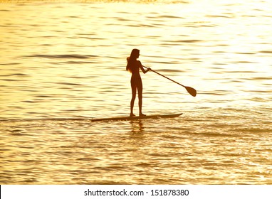 silhouette of woman paddleboarding at sunset, malibu, california, recreation sport paddling ocean beach surf orange sunlight reflection hue on water - Powered by Shutterstock