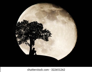 Silhouette Woman Sad On Full Moon Background