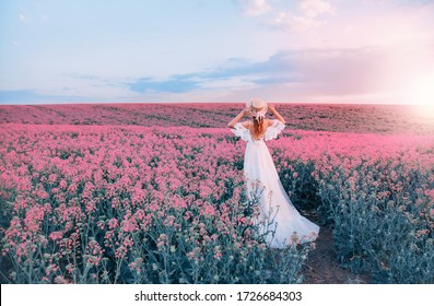 silhouette woman. white long vintage dress. Princess medieval lady in historical clothes. Straw hat boater flowers. Aroma spring nature pink flowering field, blue sky sunset sun light. back rear view