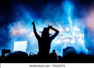 Silhouette Of A Woman Who Enjoys A Concert, Hands Up