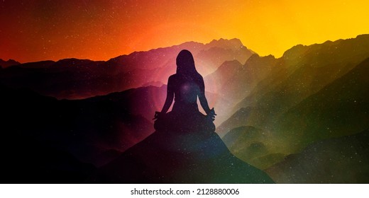 Silhouette Of A Women In The Lotus Position And Space, Meditation, Yoga Background