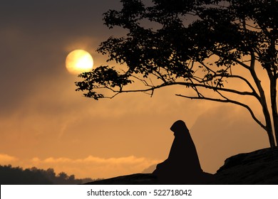 silhouette women praying with sunset background, Hand of Muslim people praying with mosque interior background, Concept : imam Islam  religion, Young Muslim man praying ,1443 Puasa Ramadan festival