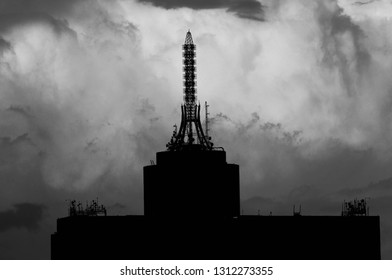 Silhouette of World Trade Center antenna at Mexico city, black and white.