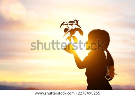 silhouette of Young asian girl holding a young plant for planting, on sunset background for World Environment Day concept.