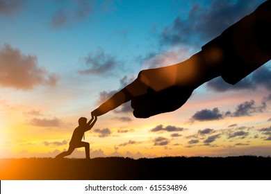 Silhouette Young Businessman Take All His Energy And Production Processes To Fight The Big Capitalist Over Blurred Sky.potential And Motivate Employee Growth Concept SME And Small Business Management