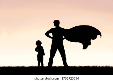 Silhouette Of A Young Girl Child Is Looking Up In Admiration To Her Cape Wearing Superhero Father On A Summer Day.