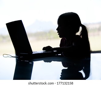 A silhouette of a young girl on the computer may be in danger due to a cyberbully or internet predator.  She is in the dark.