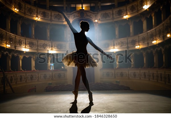 Silhouette of a young\
graceful classical ballet female dancer in white tutu is performing\
a choreography on classic theatre stage with dramatic lighting\
before start of a\
show.
