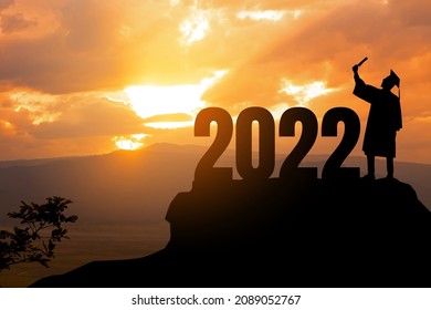 Silhouette Young Man Graduation In 2022 Years, Education Congratulation Concept , Freedom And Happy New Year, Copy Space.