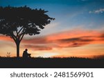 Silhouette of young man sitting and praying alone under the big tree at sunset with beautiful sky and natural sunlight.