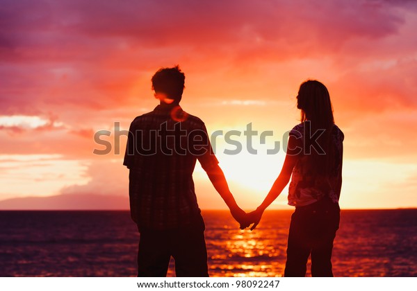 Silhouette Young Romantic Couple Holding Hands Stock Photo Edit Now