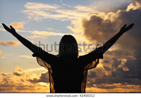 Silhouette Young Woman Outstretched Hands Against Stock Photo (Edit Now ...