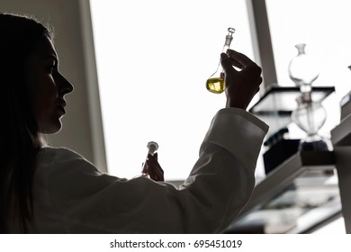 Silhouette Of Young Woman Scientist In Lab Doing Experiment