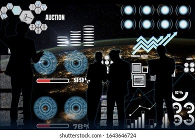 Silhouette-business Man And Business Woman Standing To Analyze,concept Investment Statistics,innovation Digital Working Background Virtual Panel,chart And Financial Stock Graph,elements By NASA