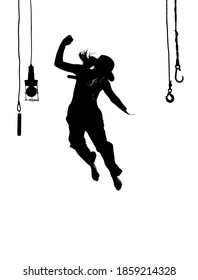A silhouetted female dancer dances on stage. Dressed 
in men's clothing and wearing a man's hat, she is seen 
jumping up in mid-air.