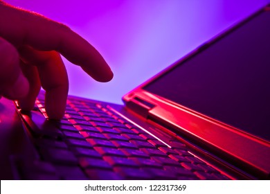 Silhouetted Image Someone Typing On Laptop Computer Symbol Shadow Economy Illegal Operations Cracking Computer Passwords Fraud Hacking Advertising Sales Illegal Non Payment Taxes Concealment Income