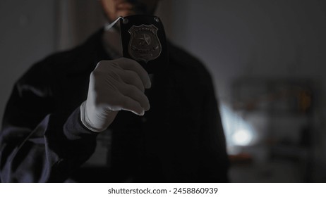 A silhouetted man displays a police badge in a dimly lit room, suggesting an undercover law enforcement scenario. - Powered by Shutterstock