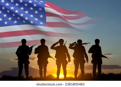Silhouettes of army soldiers with USA flag. Greeting card for Veterans Day, Memorial Day, Independence Day. Armed Force concept - Powered by Shutterstock