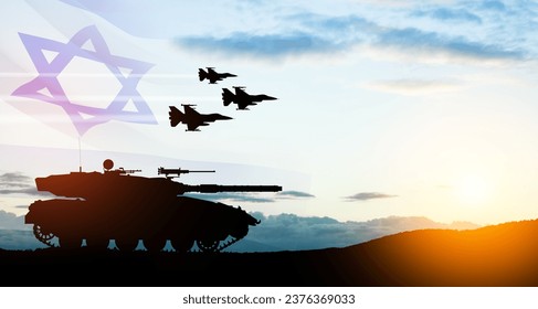 Silhouettes of army tank and fight planes on background of sunset with a transparent waving Israel flag. Military machinery. Independence day.