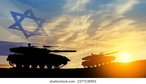 Silhouettes of army tanks at sunset sky background with Israel flag. Military machinery.