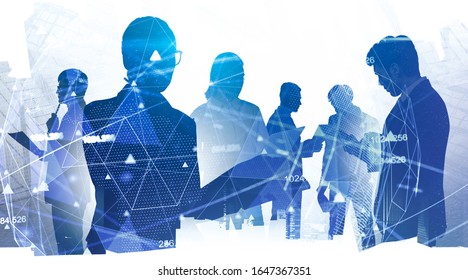 Silhouettes of business people in city with double exposure of blurry network interface and planet hologram. Concept of internet and teamwork. Toned image - Shutterstock ID 1647367351