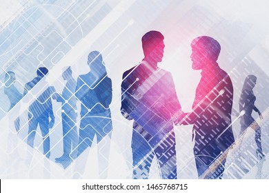 Silhouettes Of Business People Communicating And Discussing Work Over Cityscape Background With Double Exposure Of Network Hologram. Concept Of Hi Tech. Toned Image