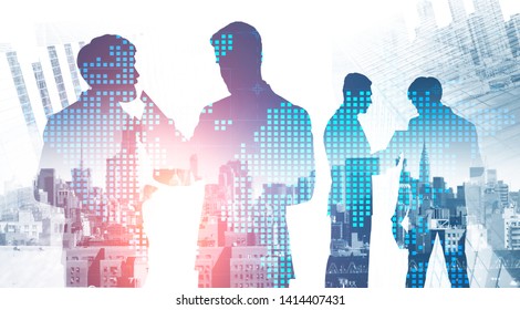 Silhouettes of business people communicating over cityscape background with double exposure of world map. Concept of digital technology. Toned image - Shutterstock ID 1414407431