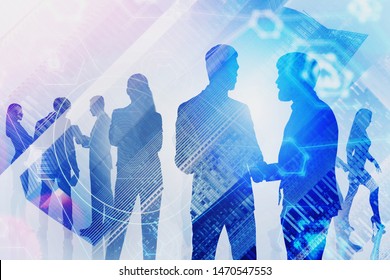 Silhouettes of business people discussing work in modern city with double exposure of internet icons. Concept of smart city and hi tech start up. Toned image