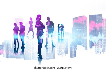 Silhouettes Of Business People Have Conference Company Meeting. Digital Interface With Bar And Pie Diagram, Forex Candlestick. Singapore City Skyscraper. Concept Of Teamwork, Partnership, Trading