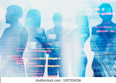 Silhouettes of business people over skyscraper background with double exposure of blurred lines of code and telecommunication interface. Concept of technological start up and programming. Toned image