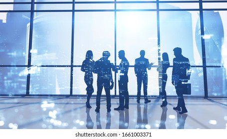 Silhouettes Of Business People In Panoramic Office With Double Exposure Of Blurry Cityscape. Concept Of Business Meeting And Teamwork. Toned Image