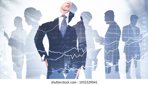 Silhouettes of business people in suits working and rushing in office at New York. Stock market trader holding his hand in pocket and pondering about future trends. Double exposure