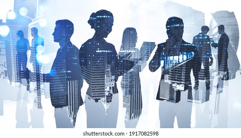 Silhouettes Of Business People Working At Corporate Office In Downtown. Work Hard And Business Development Concept. Double Exposure