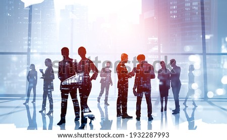 Silhouettes of business people working and rushing in corporate international consultancy office. Work hard and gain exceptional results for clients. Business development concept. Double exposure
