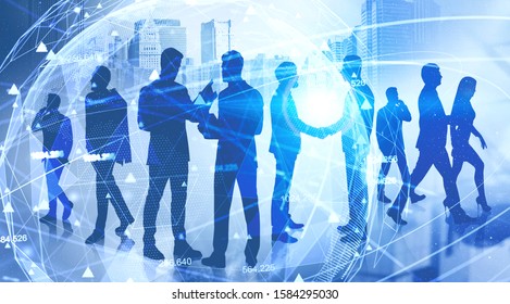 Silhouettes of business people working together in city with double exposure of blurry global network interface. Concept of teamwork and internet connection. Toned image - Powered by Shutterstock