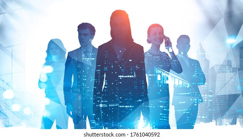 Silhouettes Of Business People Working Together In Blurry Night City With Double Exposure Of Network Interface. Concept Of Teamwork And Communication. Toned Image